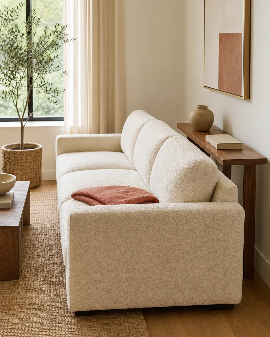 A side-angle view of an ivory boucle three-seat sofa floated about six inches off a warm-white wall on a warm oak floor visible gap between sofa back and wall a slim warm walnut console tucked into the gap with one small clay vessel and a blank book a muted warm-clay throw folded on the sofa