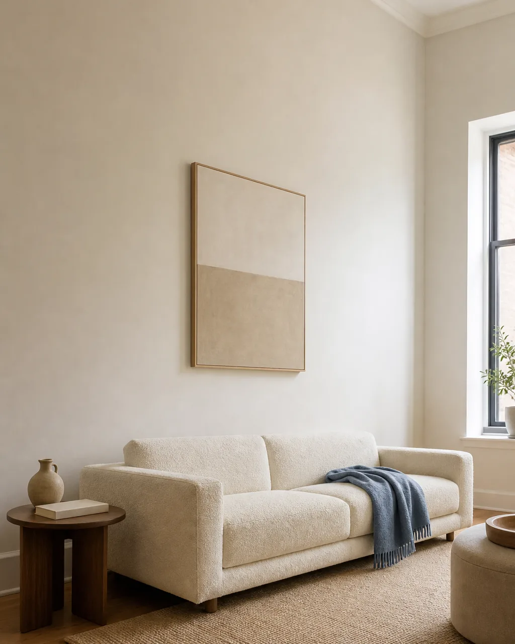 A side-angle view emphasizing ceiling height of a low-profile low-back sofa in creamy ivory boucle against a warm-white wall on a warm oak floor with a generous slice of empty warm-white wall above the sofa back exaggerating the perceived ceiling height one dusty blue accent throw a simple abstract blank-letter canvas hung high on the wall