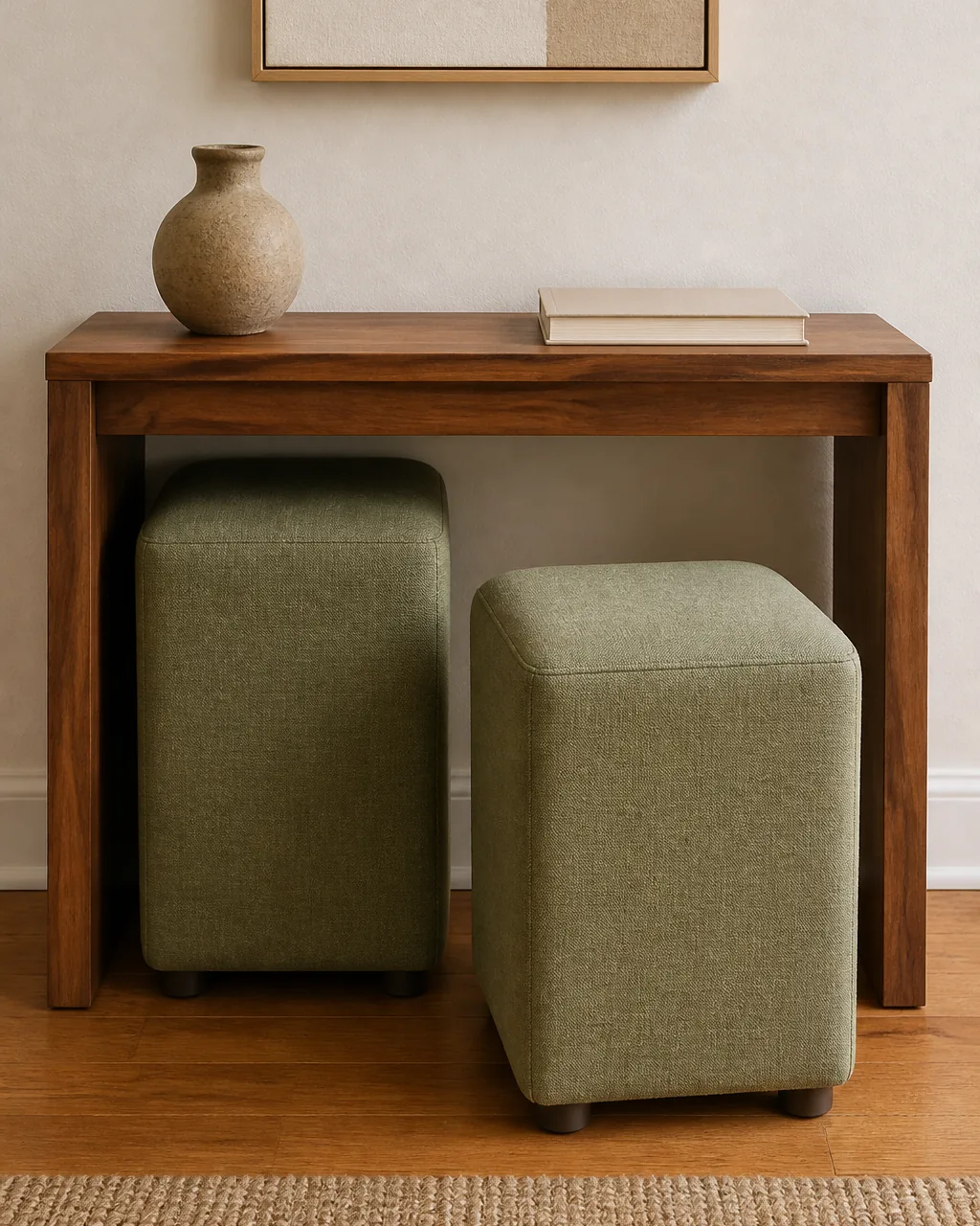 A slim warm walnut console against a warm-white wall on a warm oak floor two small upholstered nesting stools in sage green linen tucked completely under the console with one stool partly pulled forward to show how easily they slide out a small clay vessel and a blank book on the console top plain generic stools