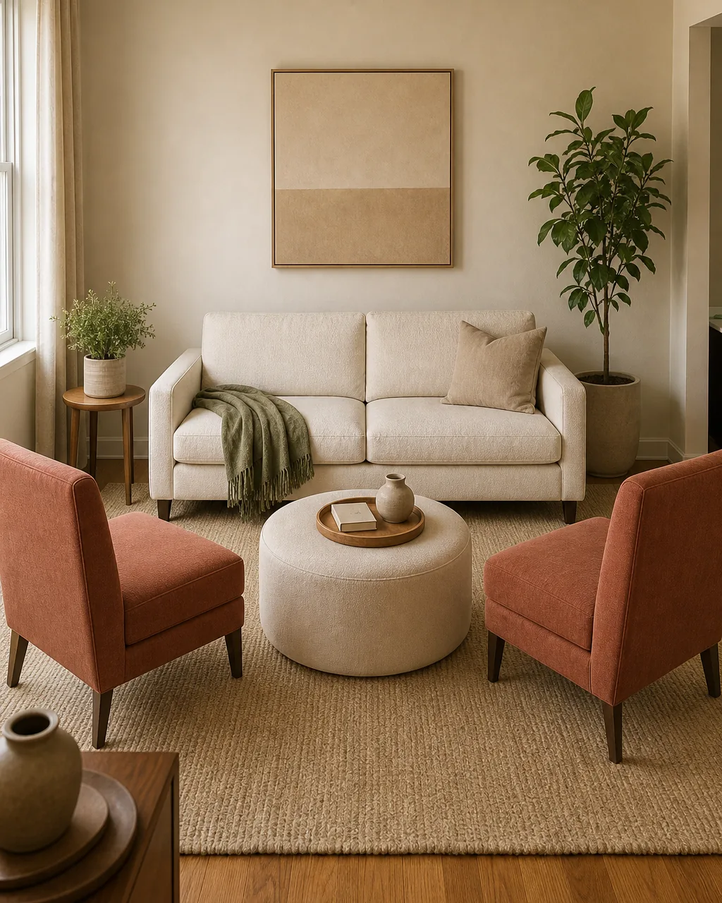 A wider straight-on view of a small living room with the sofa and two opposite armless chairs pulled visibly close together clearly only six to eight feet between facing seats so knees nearly reach the same low ottoman center the soft round oat storage ottoman dead center between them soft rust armless chairs warm oat walls warm oak floor