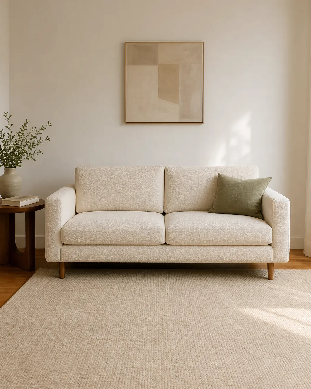 A slim apartment sofa under 80 inches with clean straight arms in creamy ivory boucle upholstery against a warm-white wall on a warm oak floor visible breathing room left and right of the sofa where the wall stays empty one small warm walnut side table with a blank-cover book