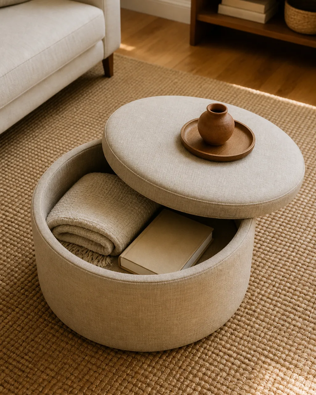 A slight overhead view of a round storage ottoman in oat linen on a soft natural-fiber rug in a small living room the hinged top tilted partly open revealing a folded throw and a single blank-cover hardcover book inside a small wooden tray with a clay vessel resting on the lid
