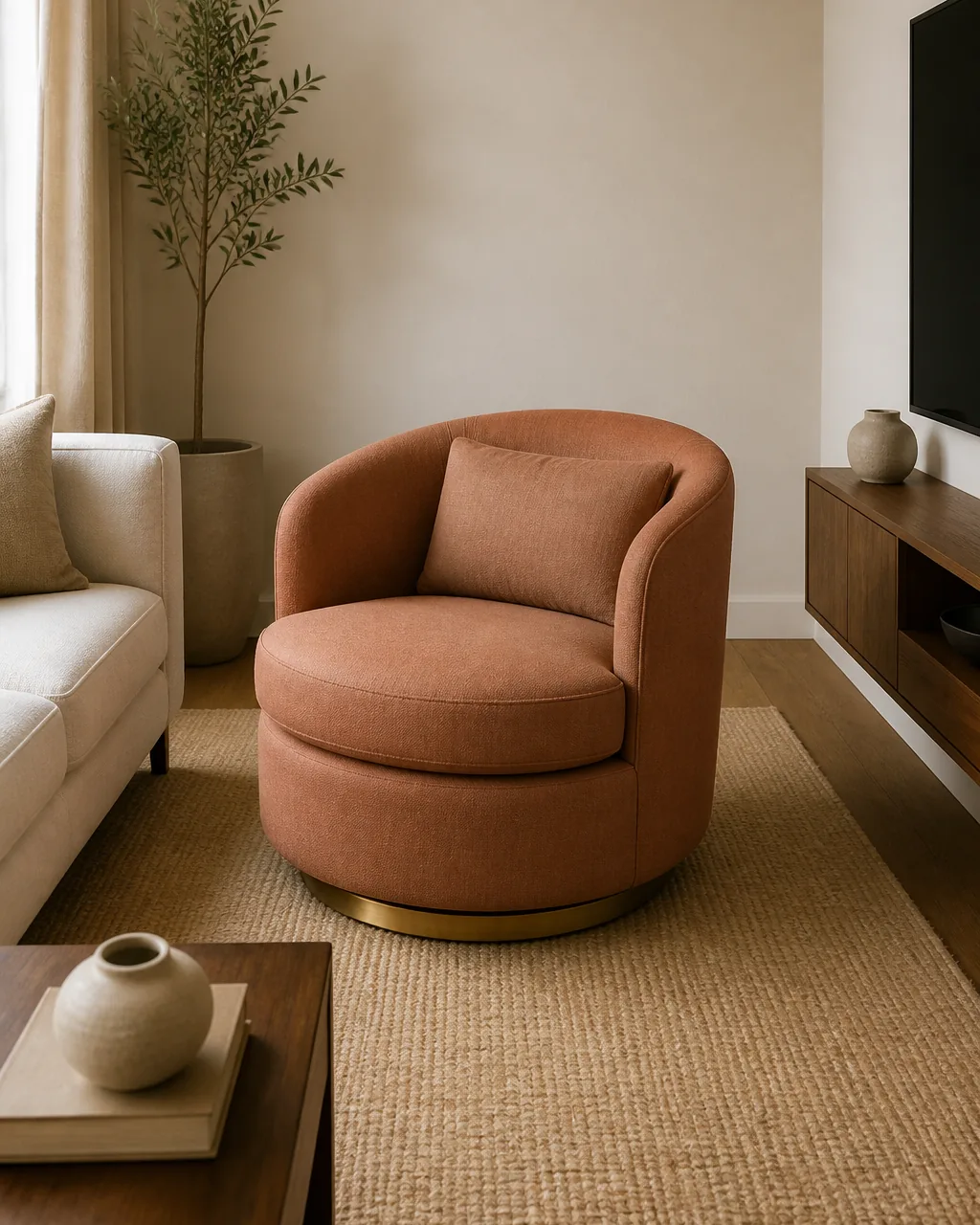 A direct view of one round swivel chair as a simple upholstered drum in warm clay linen on a low brushed-brass slim steel disc base sitting in a small living room corner between the sofa on the left edge of frame and a small wall-hung TV cabinet on the right edge of frame the chair angled mid-rotation suggesting it can flex between facing the sofa and facing the TV