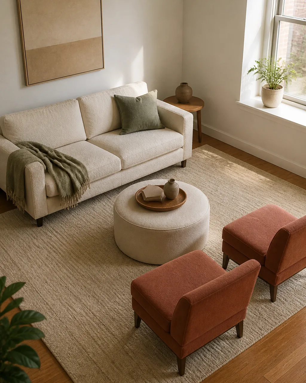A higher slight-overhead view of a small living room with the sofa on one side and two armless chairs in muted terracotta linen directly facing the sofa across a soft neutral rug clearly not in an L shape but two chairs squared off across the sofa for conversation a soft round oat storage ottoman in the middle warm oak floor warm-white walls