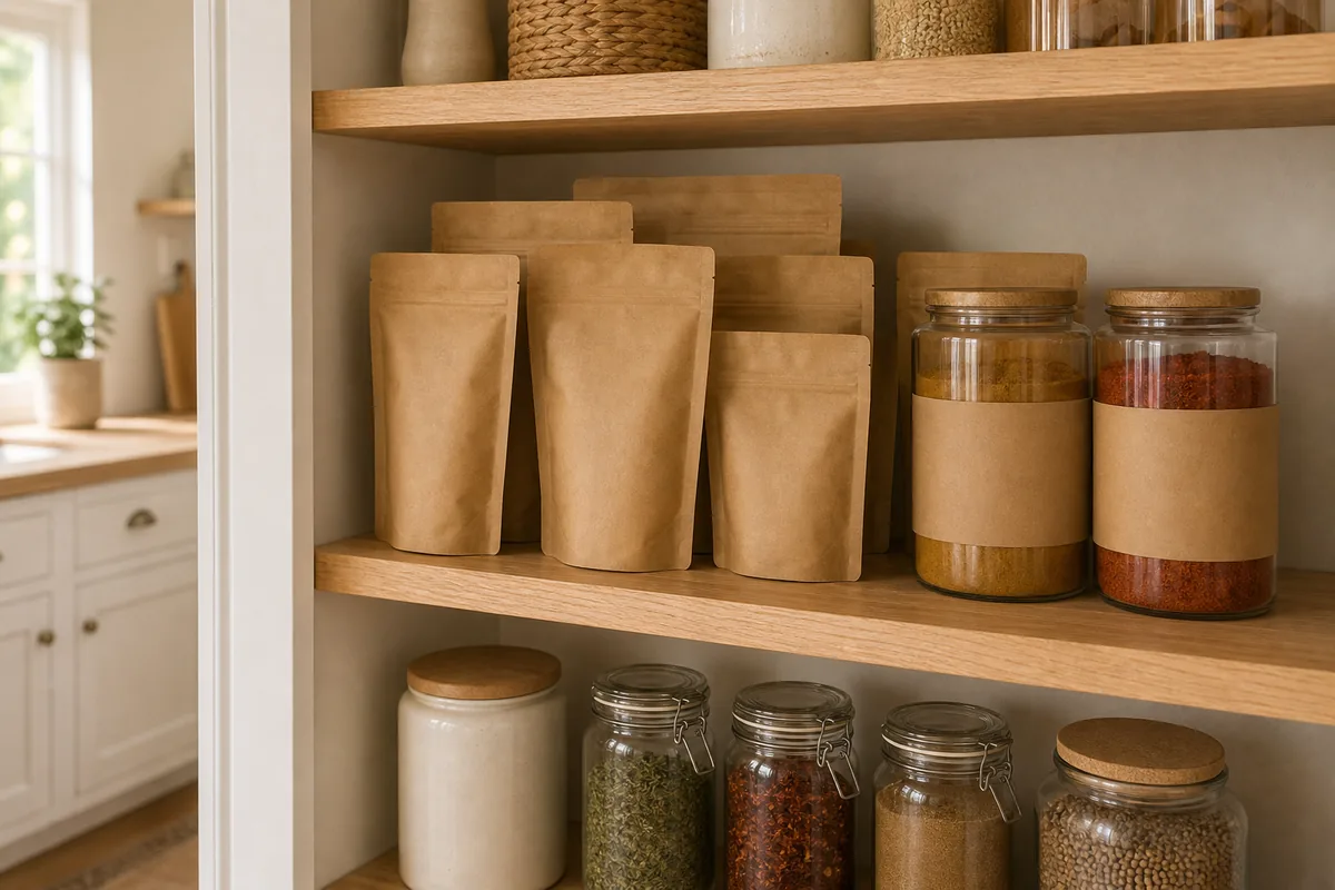 A pantry shelf beside the kitchen holding refill pouches and bulk spice jars as backstock, kept off the main drawer so only the in-use jars stay in the lineup
