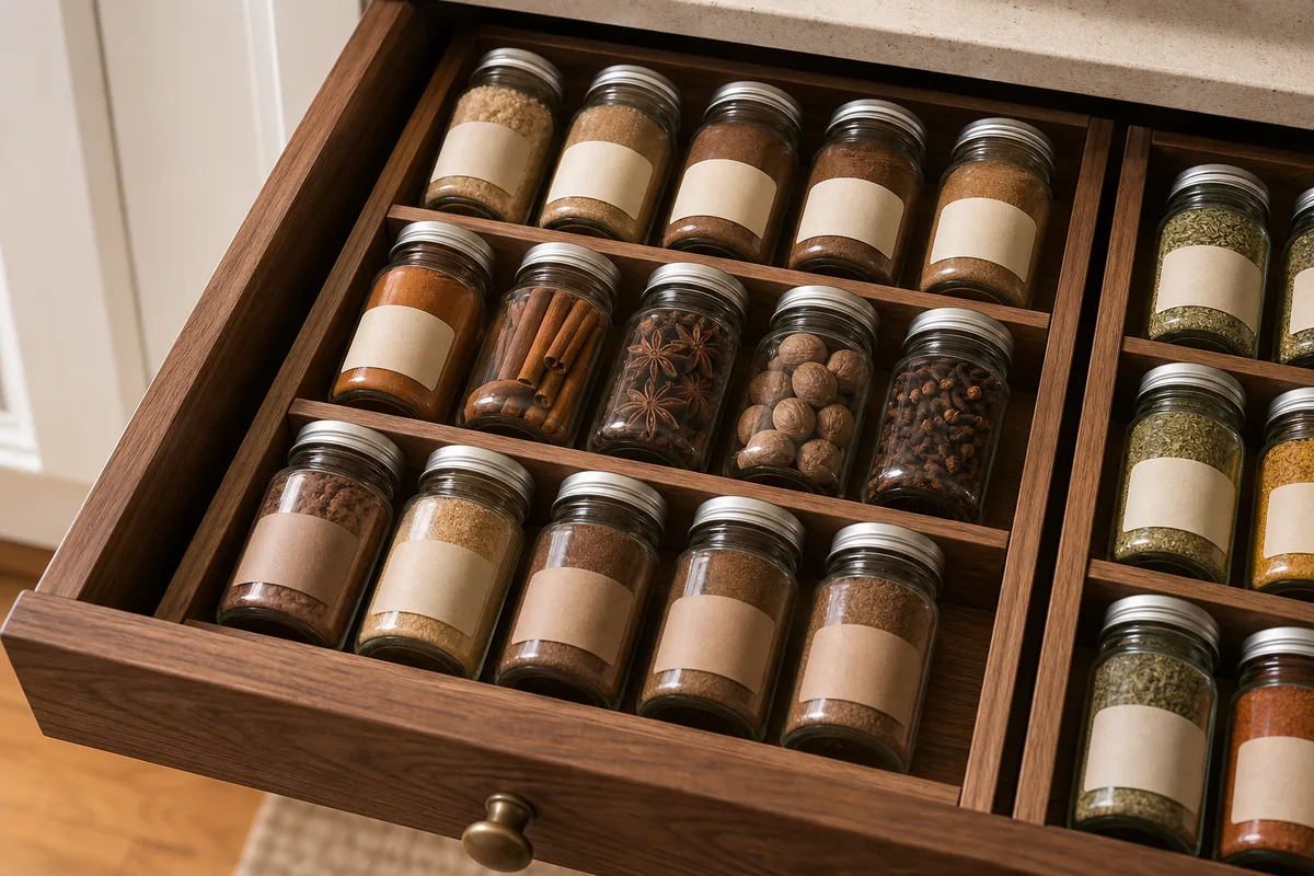 A warm-toned section of a spice drawer set aside for baking, holding cinnamon sticks, star anise, nutmeg, and clove in clear jars grouped apart from the savory spices