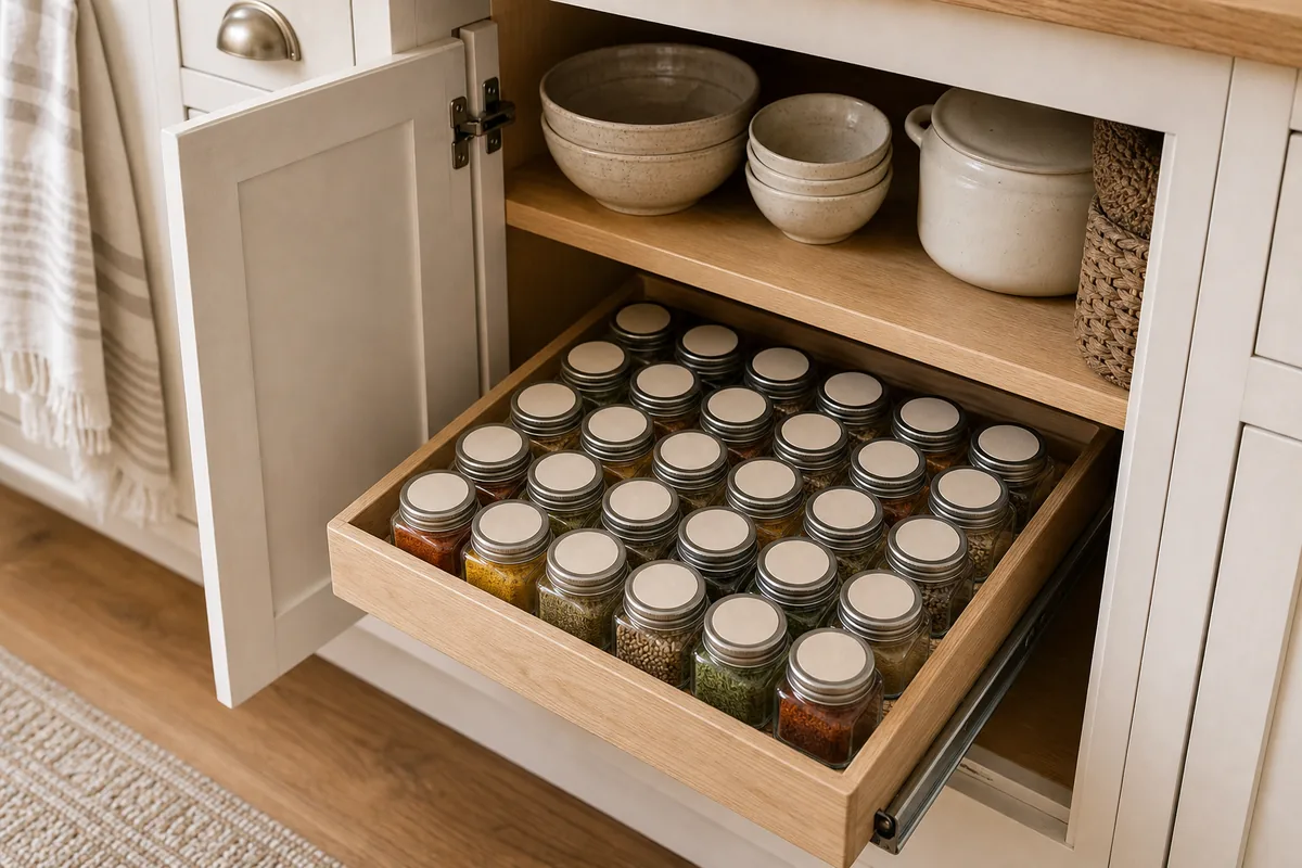 A shallow pull-out basket on a cabinet shelf holding clear spice jars in rows, sliding out so the lineup can be read from above the way a drawer would