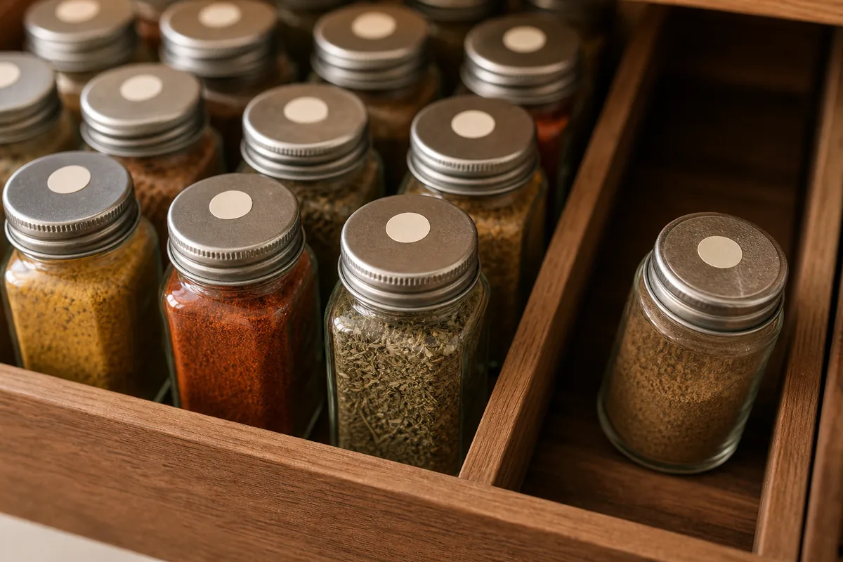 A few clear spice jars in a drawer marked on the lid with a small blank date dot, set apart to show which jars are fresh and which are due to be replaced