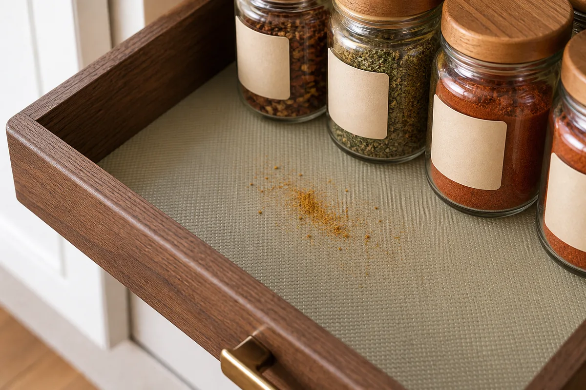 A corner of an open spice drawer fitted with a wipeable grippy liner under the jars, with a faint dusting of spice on the liner showing how a spill stays contained