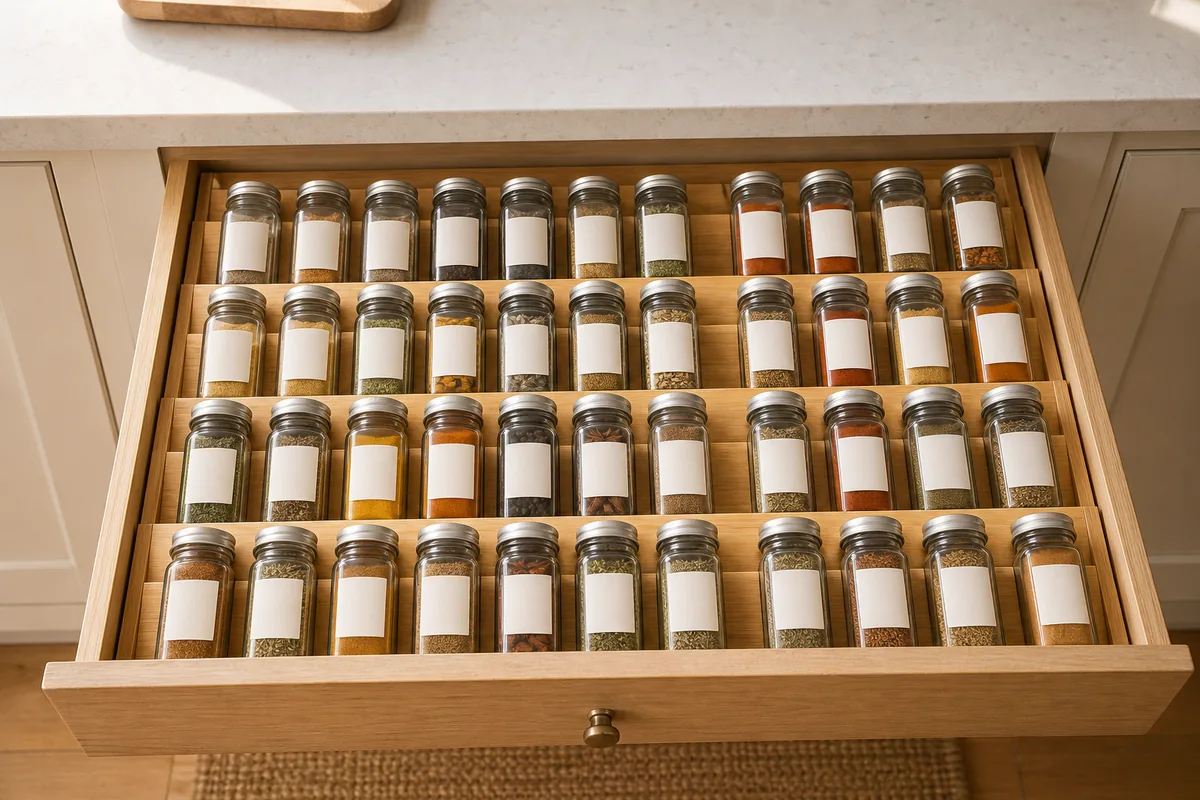 An adjustable bamboo drawer insert expanded edge to edge to fill a wide drawer, holding rows of clear spice jars with no leftover gap at the sides
