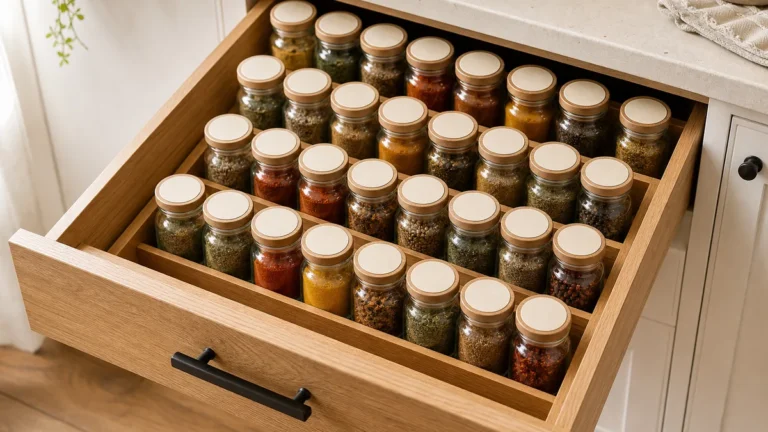 A shallow kitchen drawer organized with spices in matching clear jars set into a stepped tiered insert, every blank-label lid facing up and visible at a glance