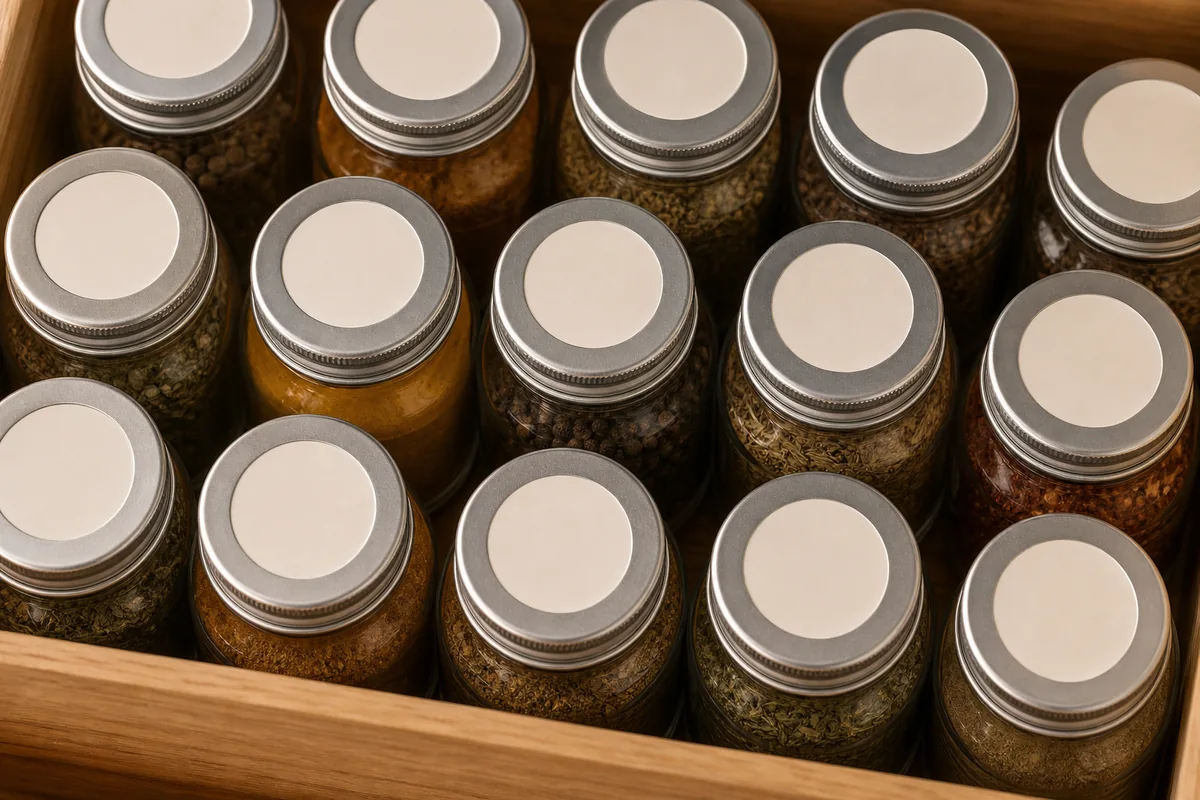 A close overhead view of spice jar lids in a drawer, each flat top marked with a plain blank label so the spice can be read from above without lifting the jar