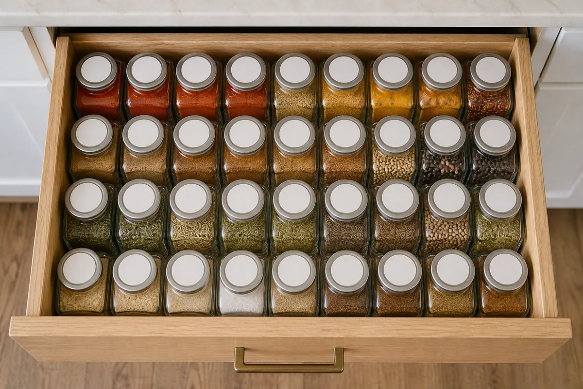 A straight-down view of a spice drawer filled with one matching set of clear square jars packed tightly in even rows, dry spices in reds, yellows, and browns inside
