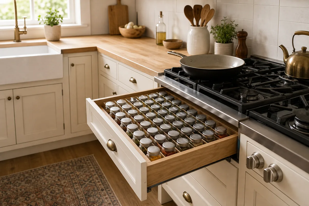 A wider kitchen view of an open spice drawer pulled out in the cabinet run right beside the cooktop, the jars a single step from the pan on the stove