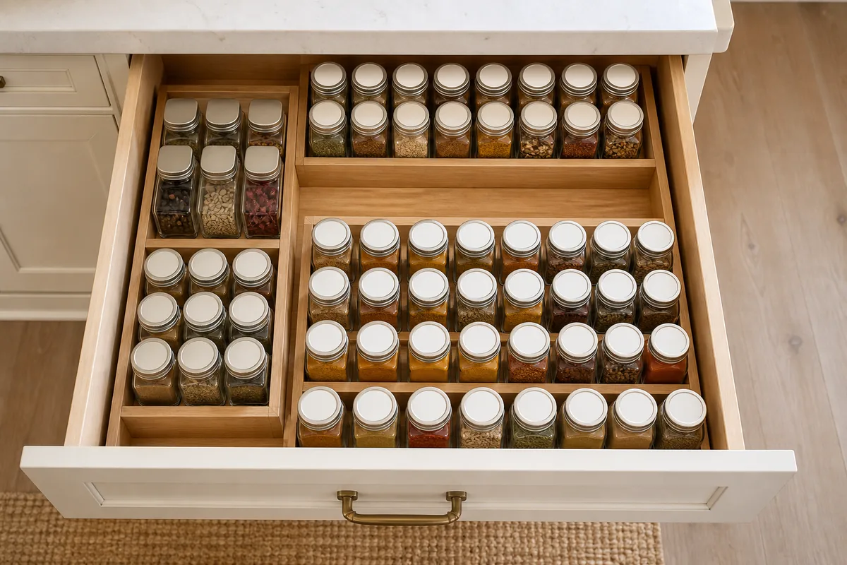 A wide spice drawer grouped into blocks, everyday jars at the front, a baking cluster to one side, and a cuisine set together, sorted by how the cook reaches for them