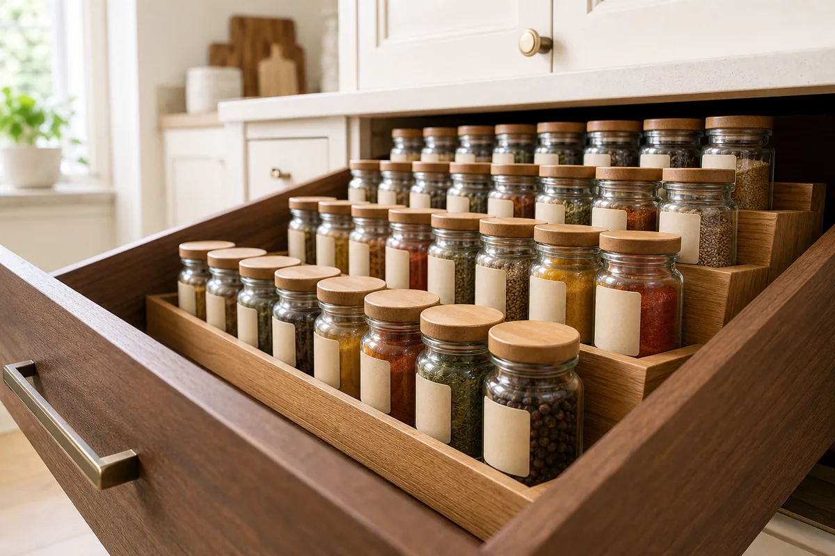 A spice drawer seen from a low angle showing a tiered insert that steps each row of clear jars higher than the one in front, so the back labels sit up in view