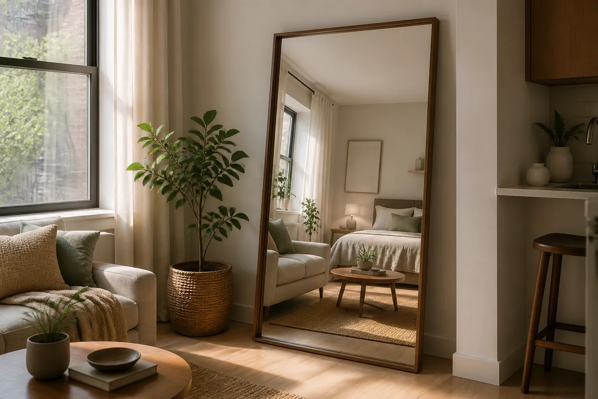 A large wood-framed leaning floor mirror in a studio placed across from a bright window, reflecting the bed zone and daylight, visually doubling the room, a tall plant beside it