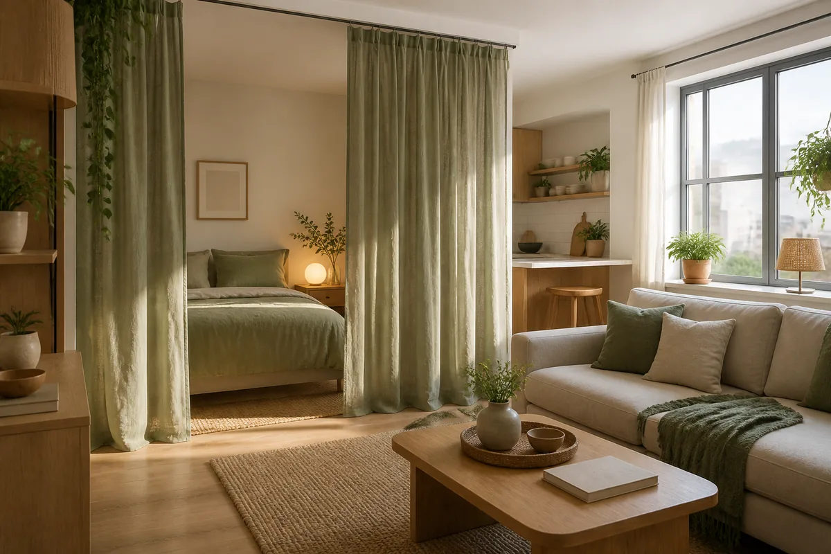 A soft sage curtain on a ceiling track half-drawn around a made bed in a studio, creating a private sleep nook, with the sofa and living area visible beyond the curtain