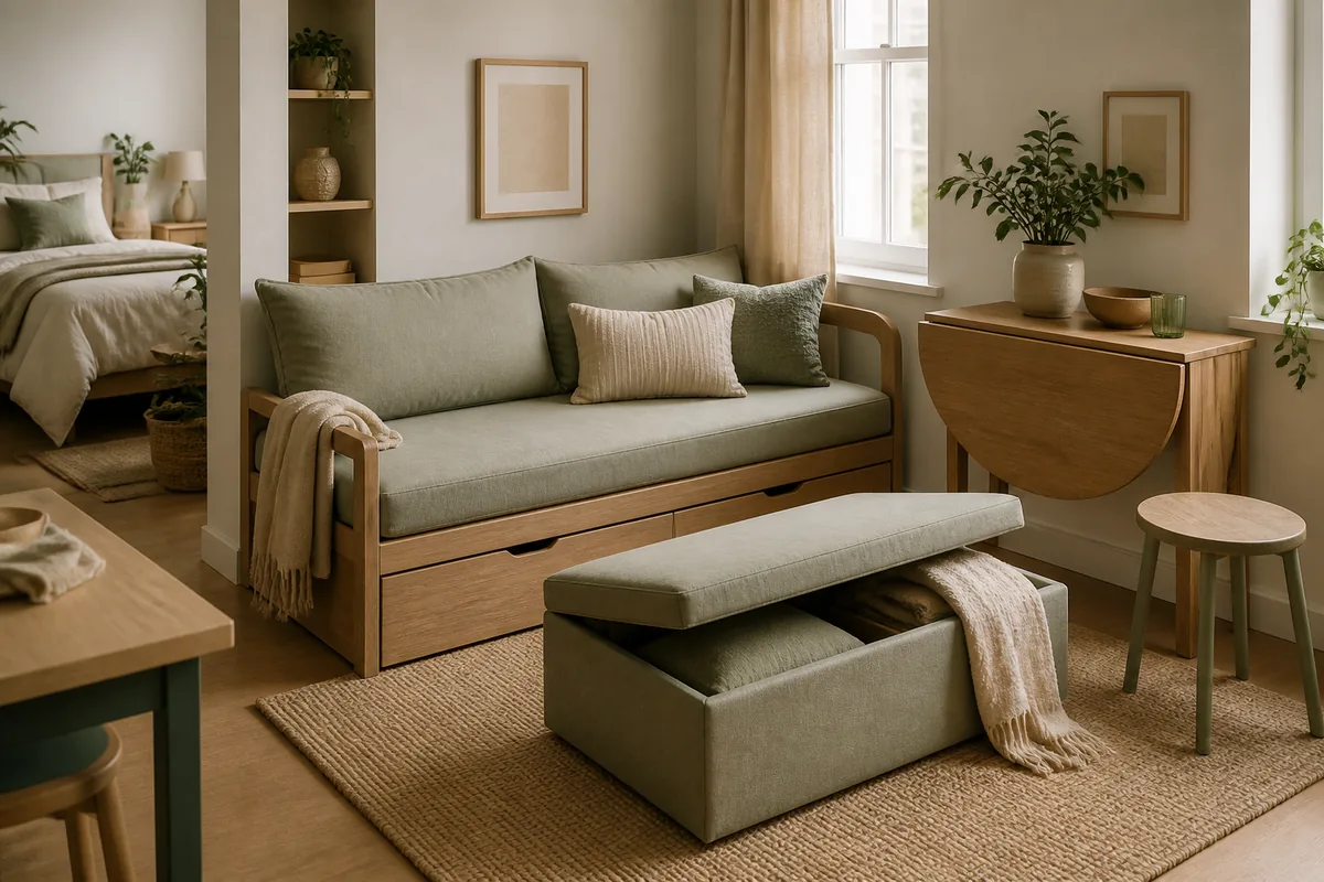 A studio living zone with double-duty pieces: a daybed sofa with storage drawers underneath, a sage storage ottoman with its lid open showing storage, and a drop-leaf table folded against the wall
