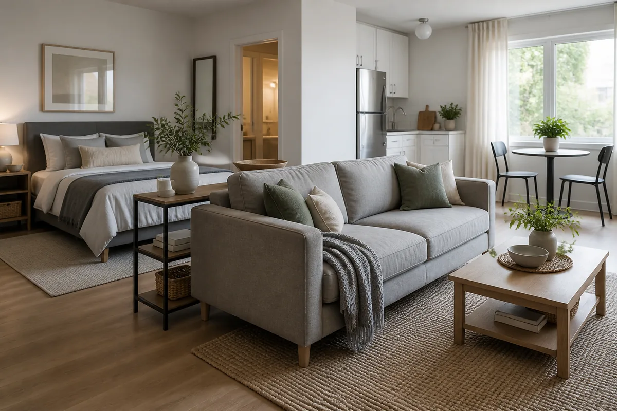 A studio where the sofa is floated in the middle of the room with its back to a made bed and its front facing a living zone with a coffee table and rug, the sofa back acting as a divider, a kitchenette behind