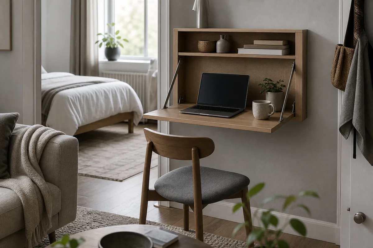 A wall-mounted fold-down wood desk in a studio deployed flat for use, with a laptop and a small chair, the made bed visible through a doorway behind it