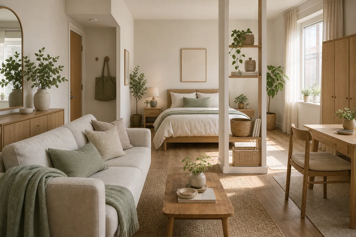 A studio where the bed, sofa, storage, and dining chair all share one warm palette of cream, soft sage, and light wood, the single room reading cohesive and calm