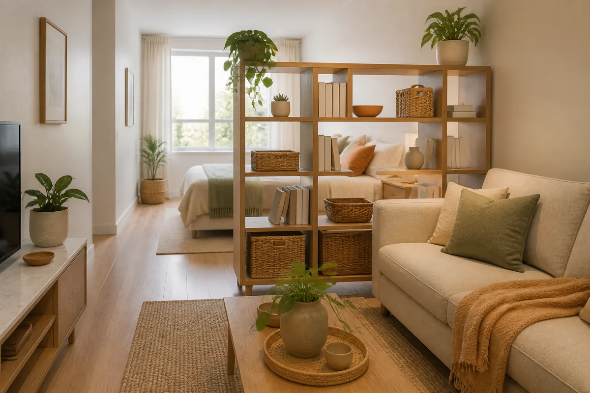 A studio apartment split by a tall open wood shelf set perpendicular to the wall, the bed zone visible behind it and the sofa zone in front, daylight passing through the open shelving filled with baskets and plants