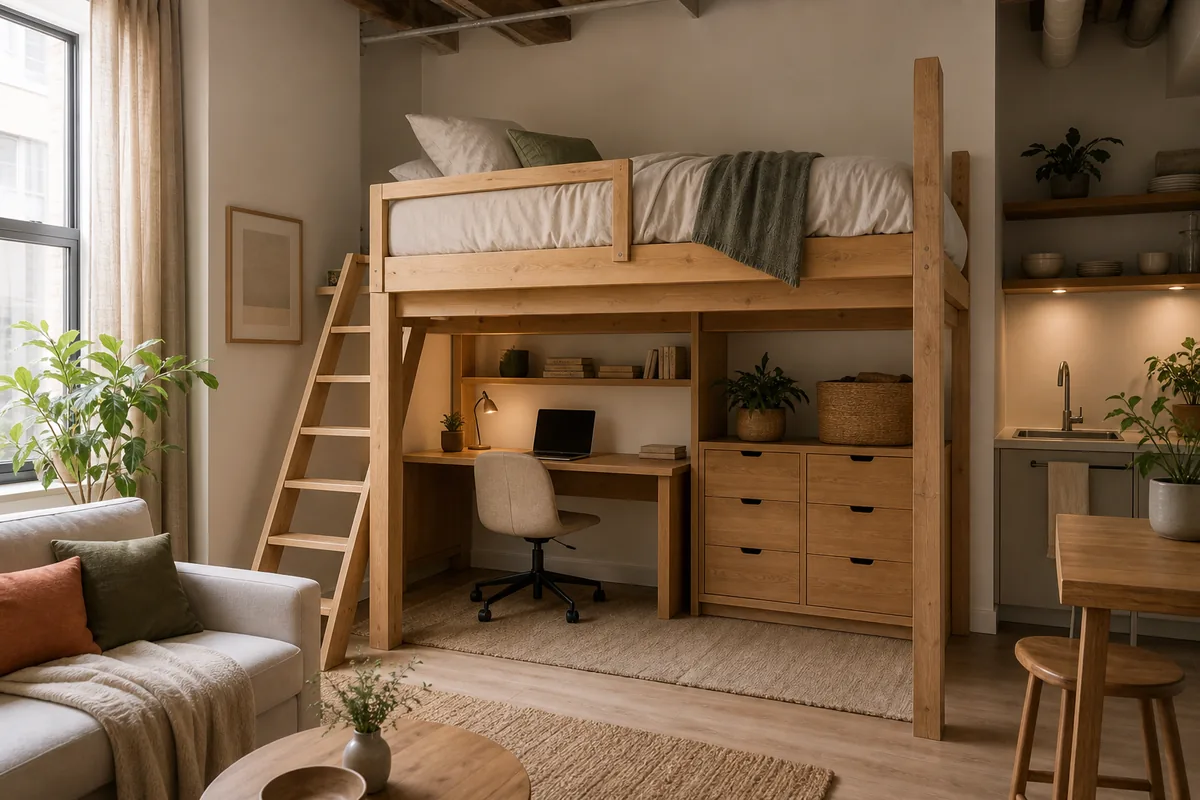 A lofted wood bed in a high-ceiling studio with a desk, chair, and storage dresser tucked into the open space underneath, freeing the floor below the raised sleep zone