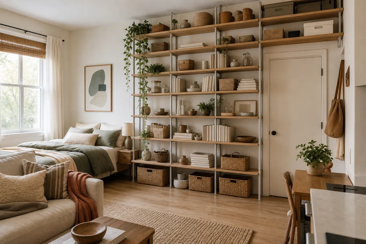 A wide studio wall with tall floor-to-ceiling shelving holding baskets, blank-spine books, and plants, plus over-door storage, the floor in front left clear, the bed zone to the left