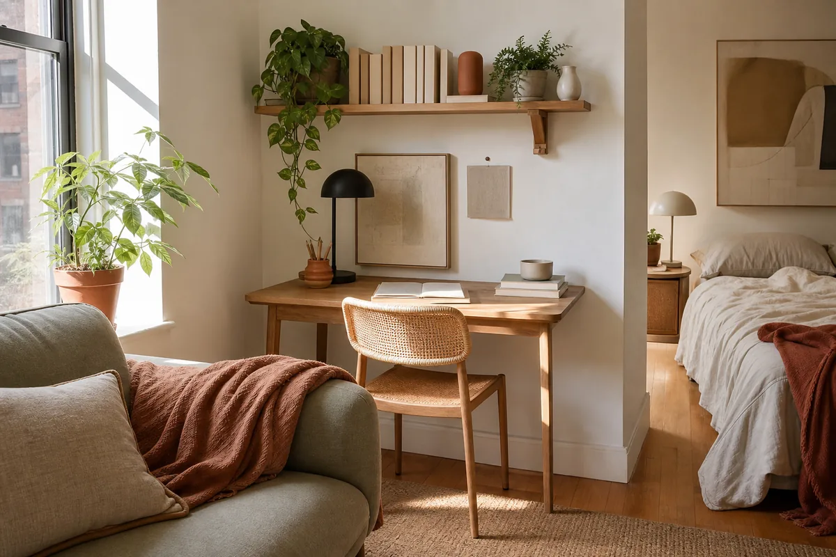 A compact wood desk and cane chair tucked into a studio corner with a floating shelf above holding plants and blank-spine books, a task lamp on the desk, the bed visible to the right