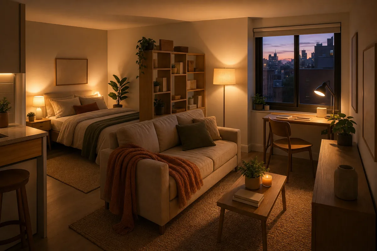 A studio at dusk lit by layered lamps instead of one overhead: a warm bedside lamp, a floor lamp by the sofa, and a small desk task light, each zone glowing on its own with a city view in the window