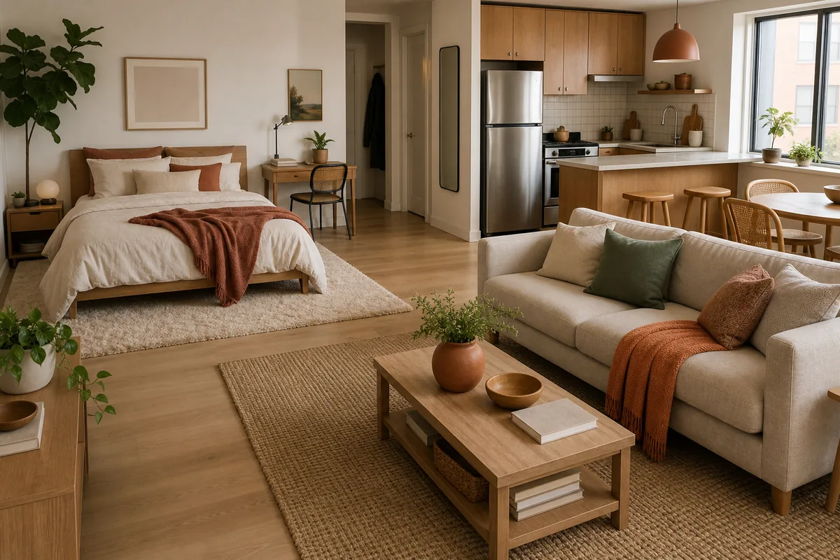 A studio with two distinct rugs marking two zones on one continuous floor: a soft cream rug under the bed area and a flat-weave jute rug under the sofa and coffee table