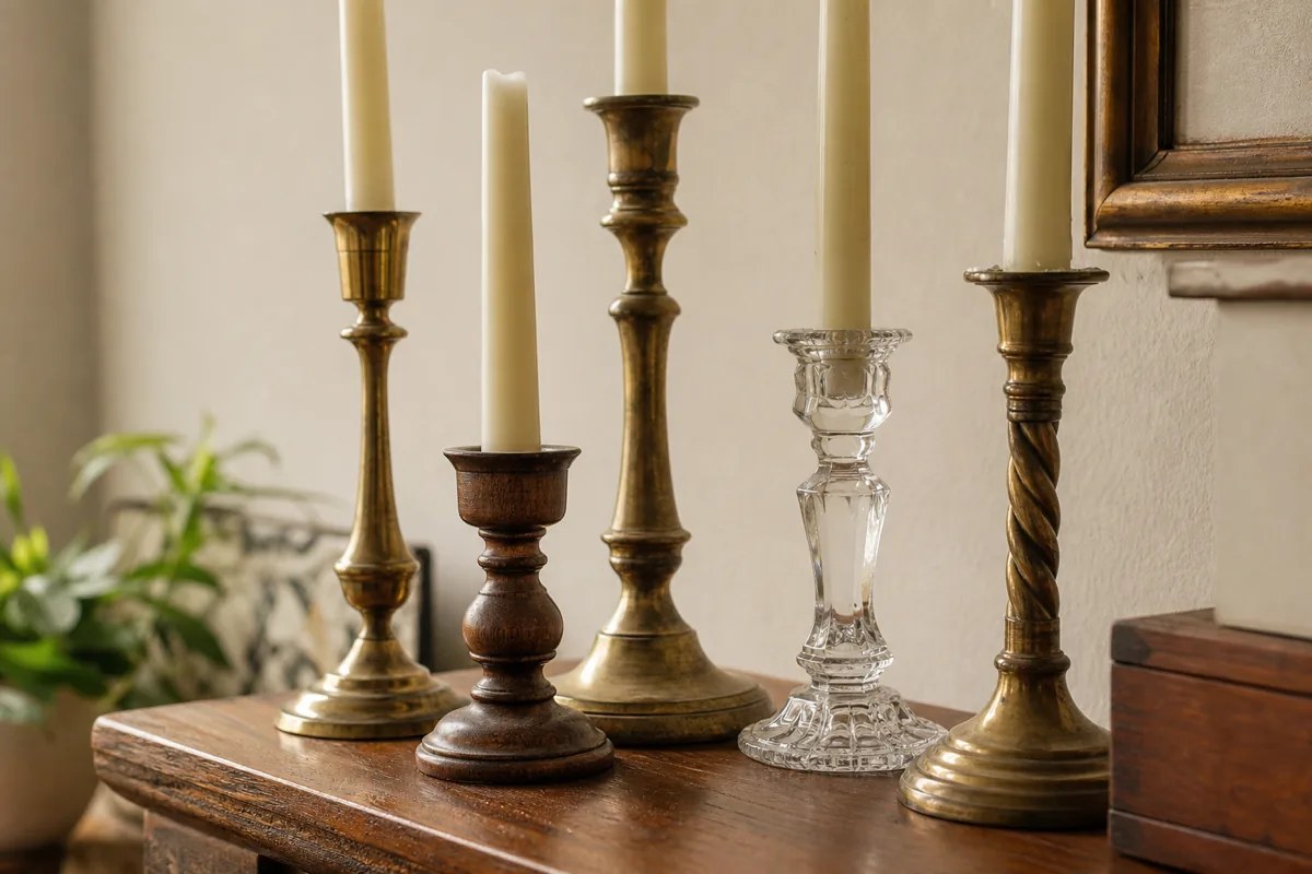 A cluster of mismatched brass, wood, and glass candlesticks at varied heights on a mantel holding simple cream taper candles, reading collected and warm