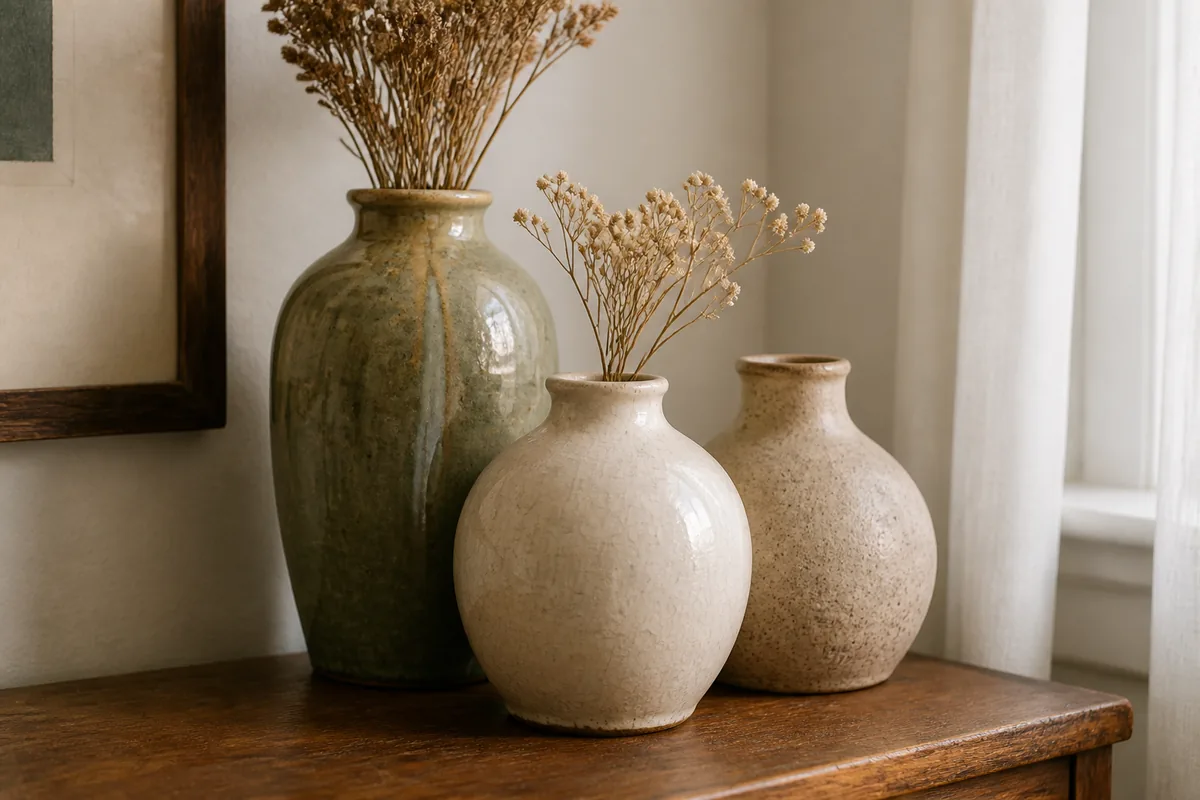 Three glazed ceramic and stoneware vases of varied height grouped close together on a wood console, an odd-number cluster reading designed