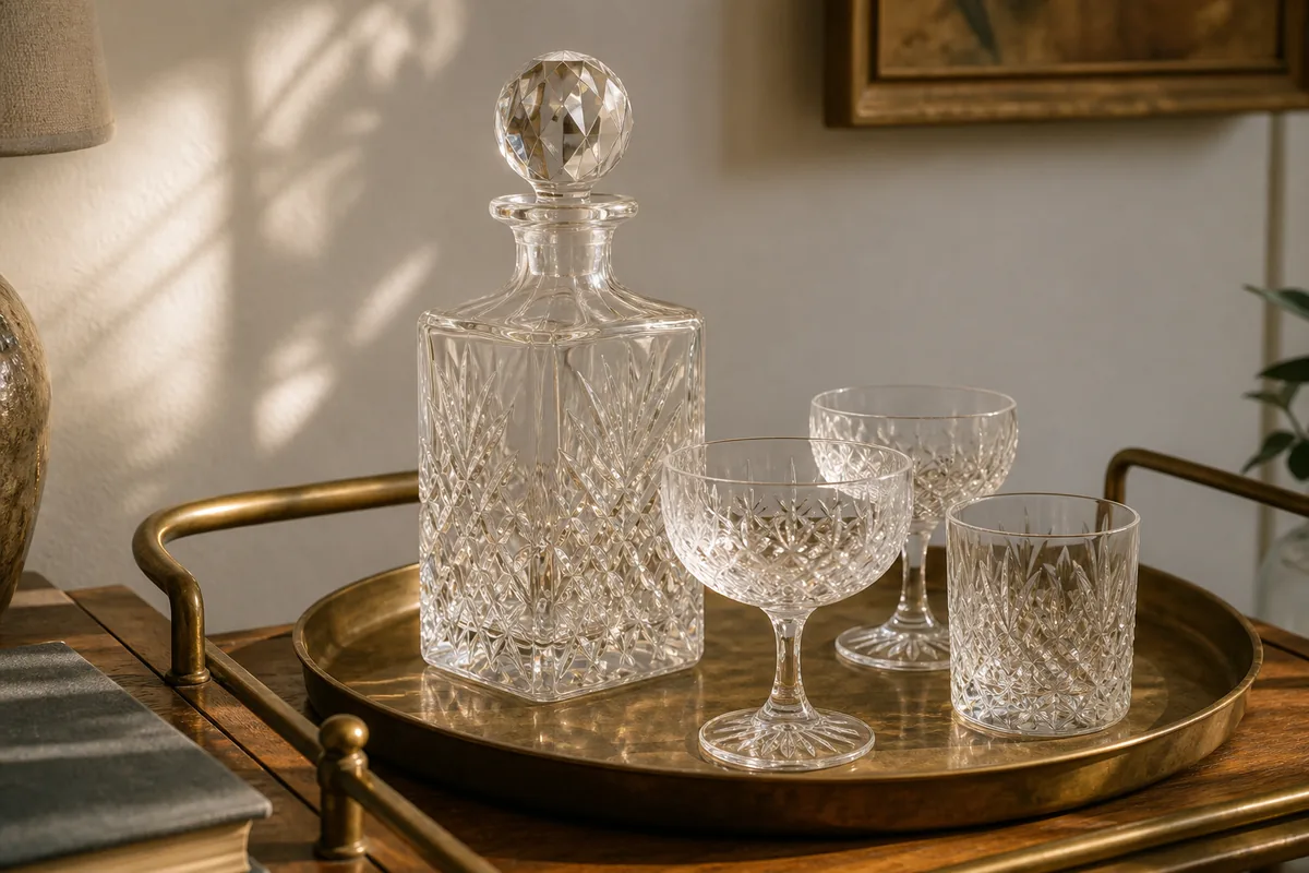 A vintage cut-glass decanter and faceted coupes grouped on a brass tray, the cut facets catching raking light like heirloom crystal