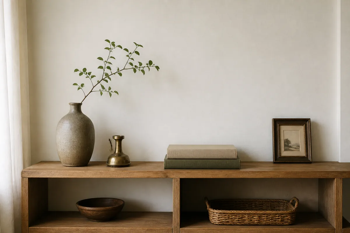 A sparse, well-edited open shelf styled with just a few secondhand pieces, a ceramic vase, a brass object, a short book stack, and one leaning frame, with generous breathing room around each