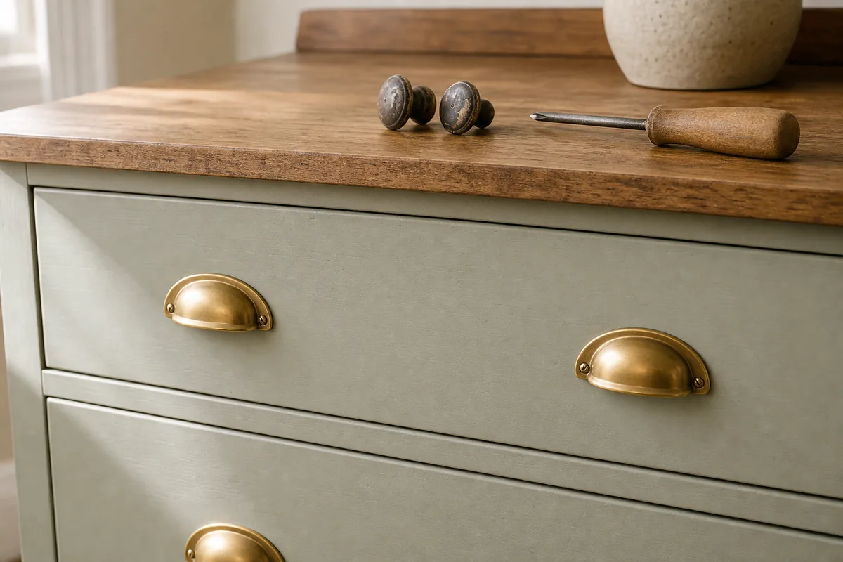 A painted dresser drawer fitted with fresh brass cup-pulls, with two old dated knobs and a small screwdriver resting on the dresser top beside it after the hardware swap