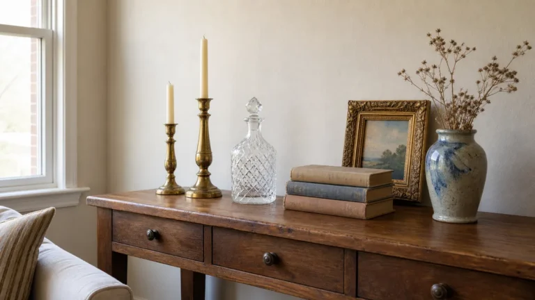A solid-wood console in a real apartment living area styled with a curated group of secondhand finds, two patinated brass candlesticks, a cut-glass decanter, a short stack of cloth-bound vintage books, a glazed ceramic vase, and a small ornate framed piece leaning behind, reading expensive in soft daylight