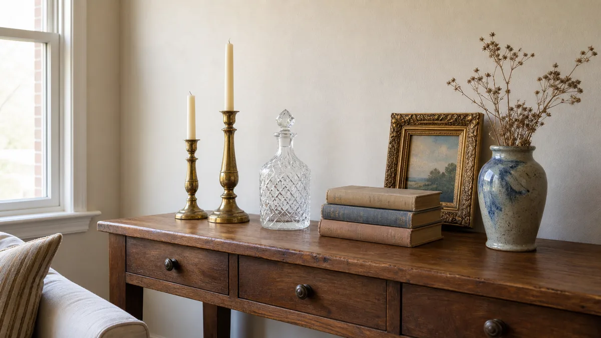 A solid-wood console in a real apartment living area styled with a curated group of secondhand finds, two patinated brass candlesticks, a cut-glass decanter, a short stack of cloth-bound vintage books, a glazed ceramic vase, and a small ornate framed piece leaning behind, reading expensive in soft daylight