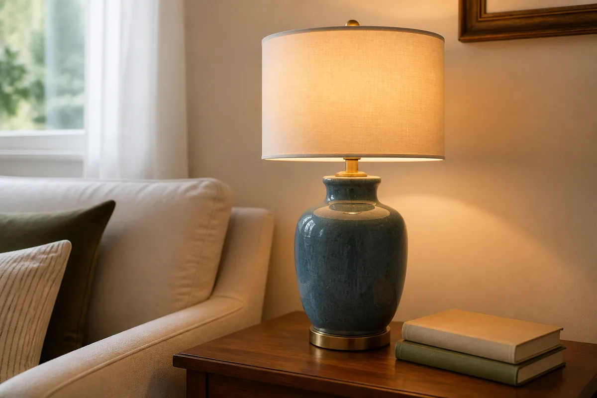 A thrifted heavy ceramic lamp base topped with a fresh cream linen drum shade, lit warm on a side table beside a softly blurred sofa