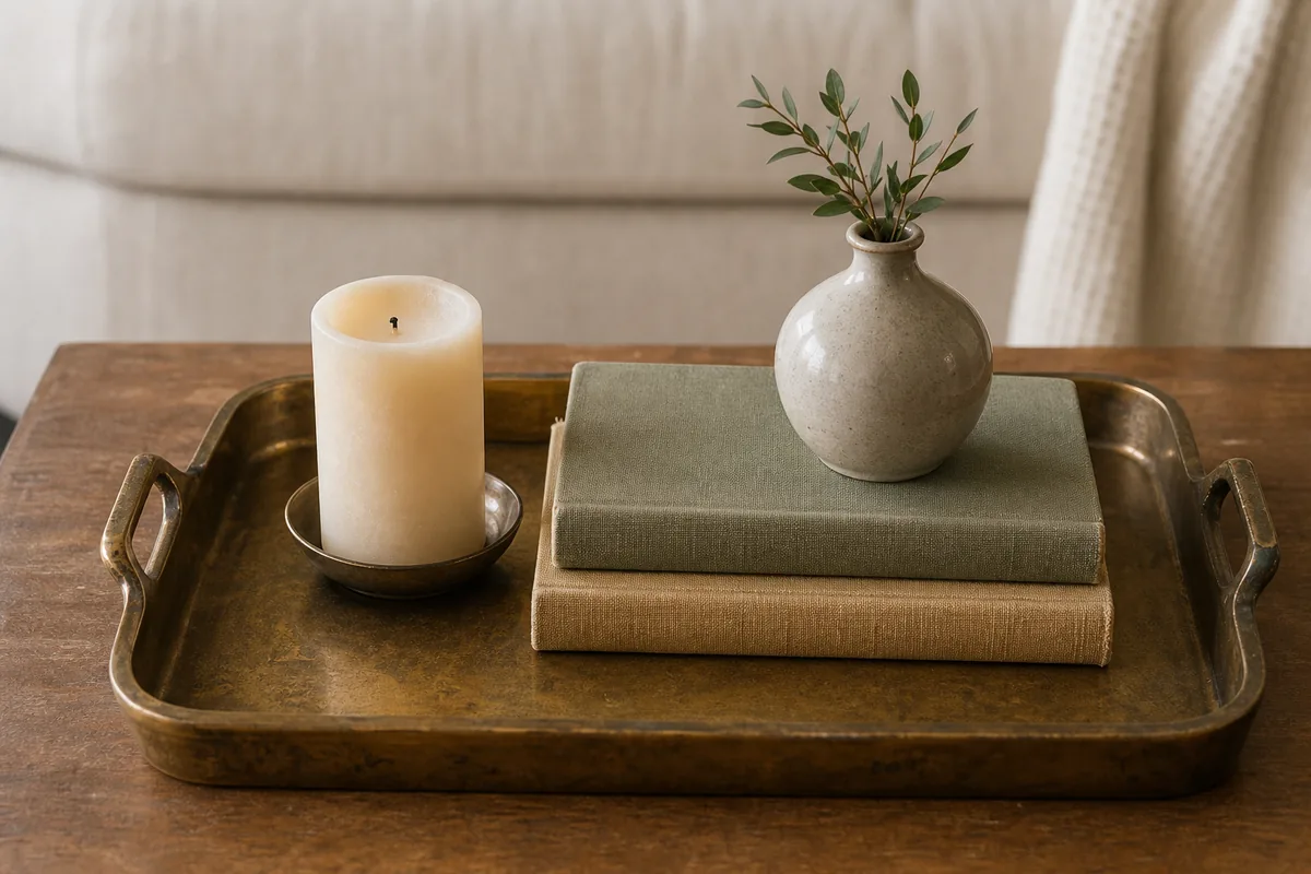 A heavy brass tray on a coffee table corralling a short candle, a ceramic bud vase, and two stacked books into one elevated styled grouping