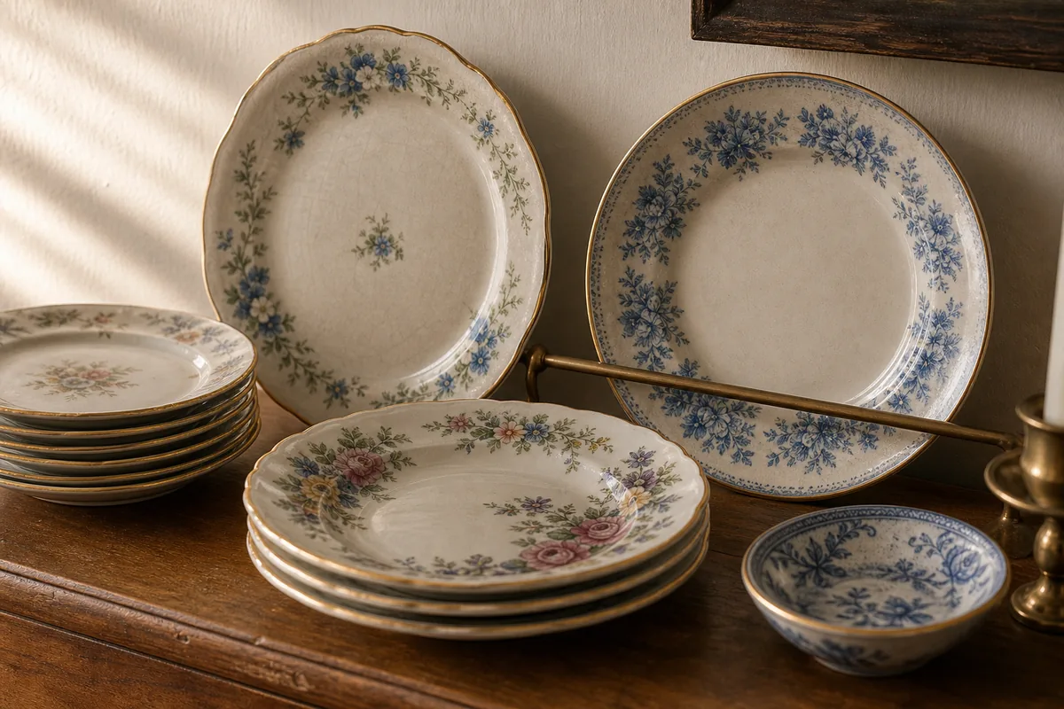 A small collection of mismatched vintage florals and gilt-edged plates tied together by gold rims, stacked and stood upright on an open shelf