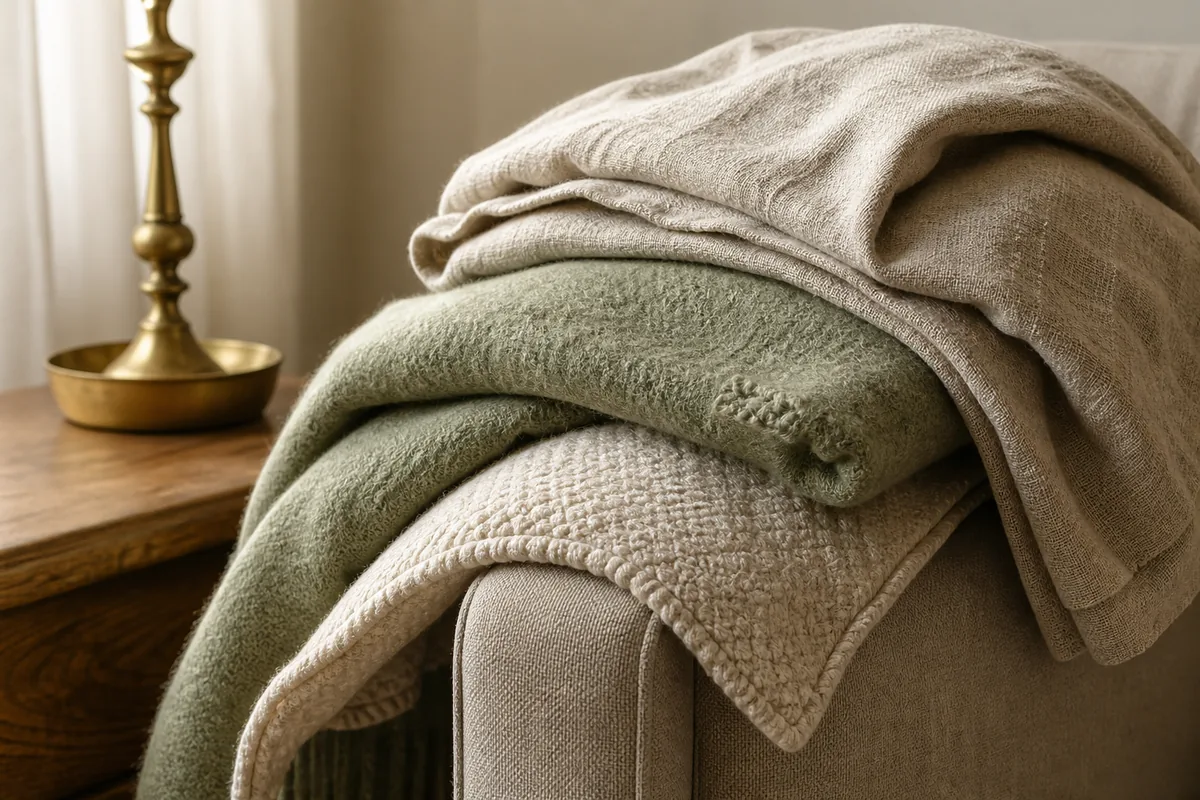 A folded stack of natural-fiber textiles, a slubby oatmeal linen throw, a sage wool blanket, and a cream cotton pillow cover, draped over the arm of a chair with the weave visible