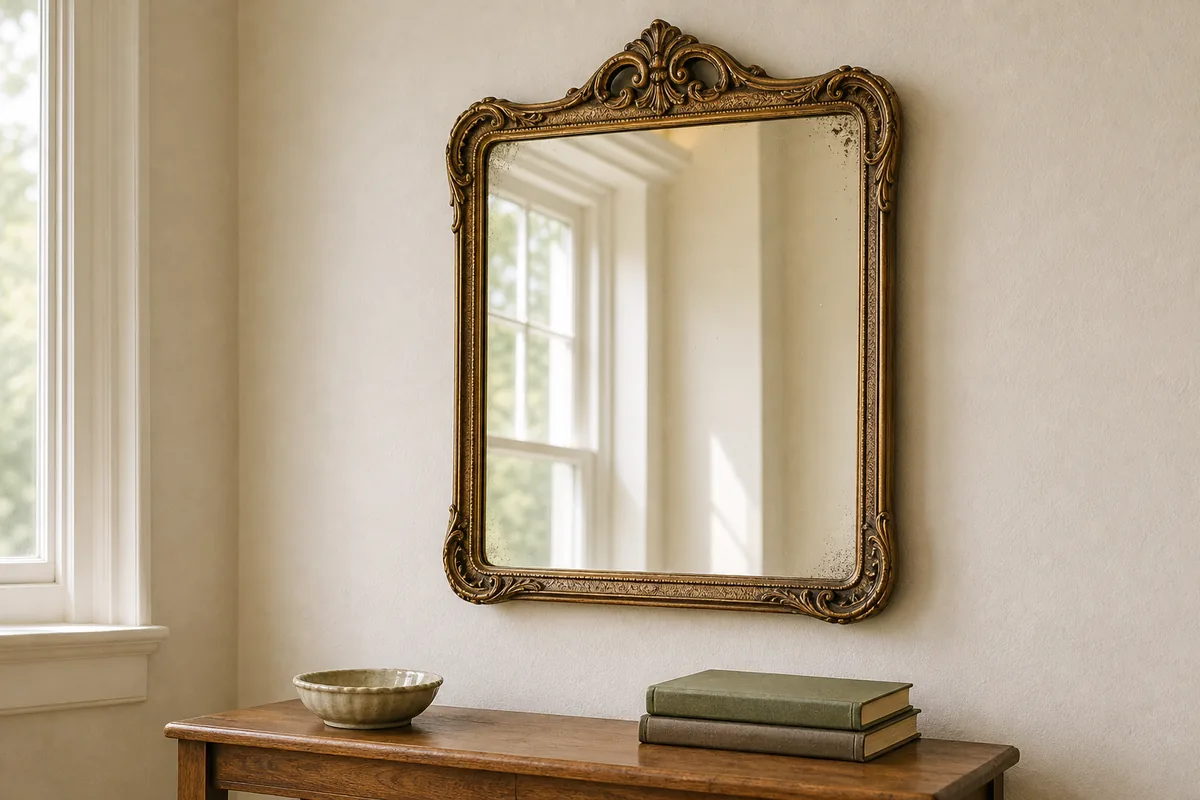 An ornate vintage gilt mirror hung above a slim console in an entryway, its glass reflecting a bright window and bouncing light into the room