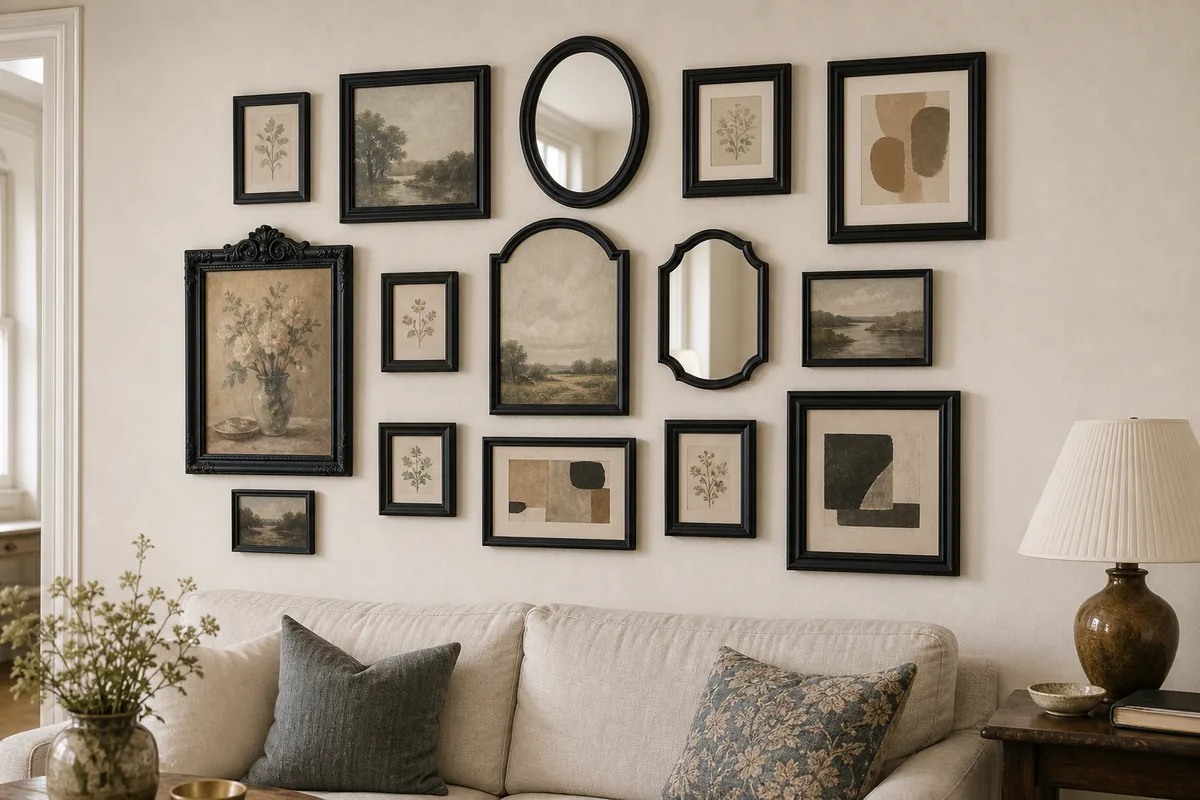 A gallery wall above a sofa built from a dozen mismatched thrifted frames all painted one uniform matte black, reading as one deliberate collection