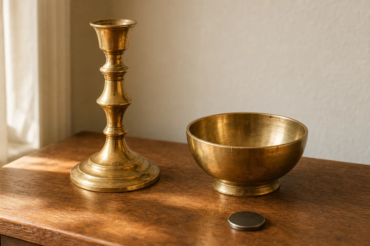 A polished solid-brass candlestick and small bowl glowing warm on a wood surface with a small magnet resting beside them, the real-brass test and polish