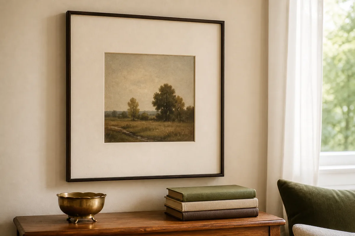 A modest thrifted painting given a wide cream mat in a simple thin frame, hung on a cream wall above a wood console
