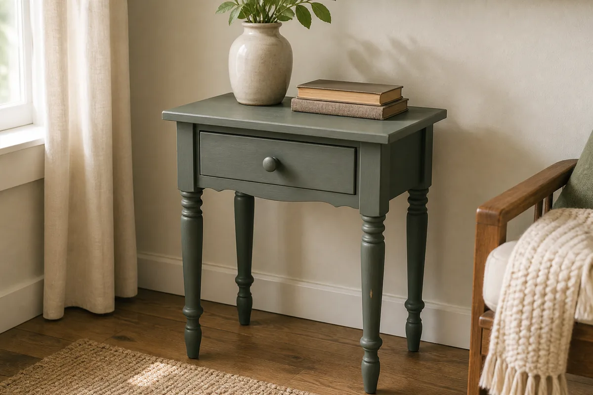 A small solid-wood side table freshly repainted in soft sage with a smooth even finish, a single vase on top, against a cream wall
