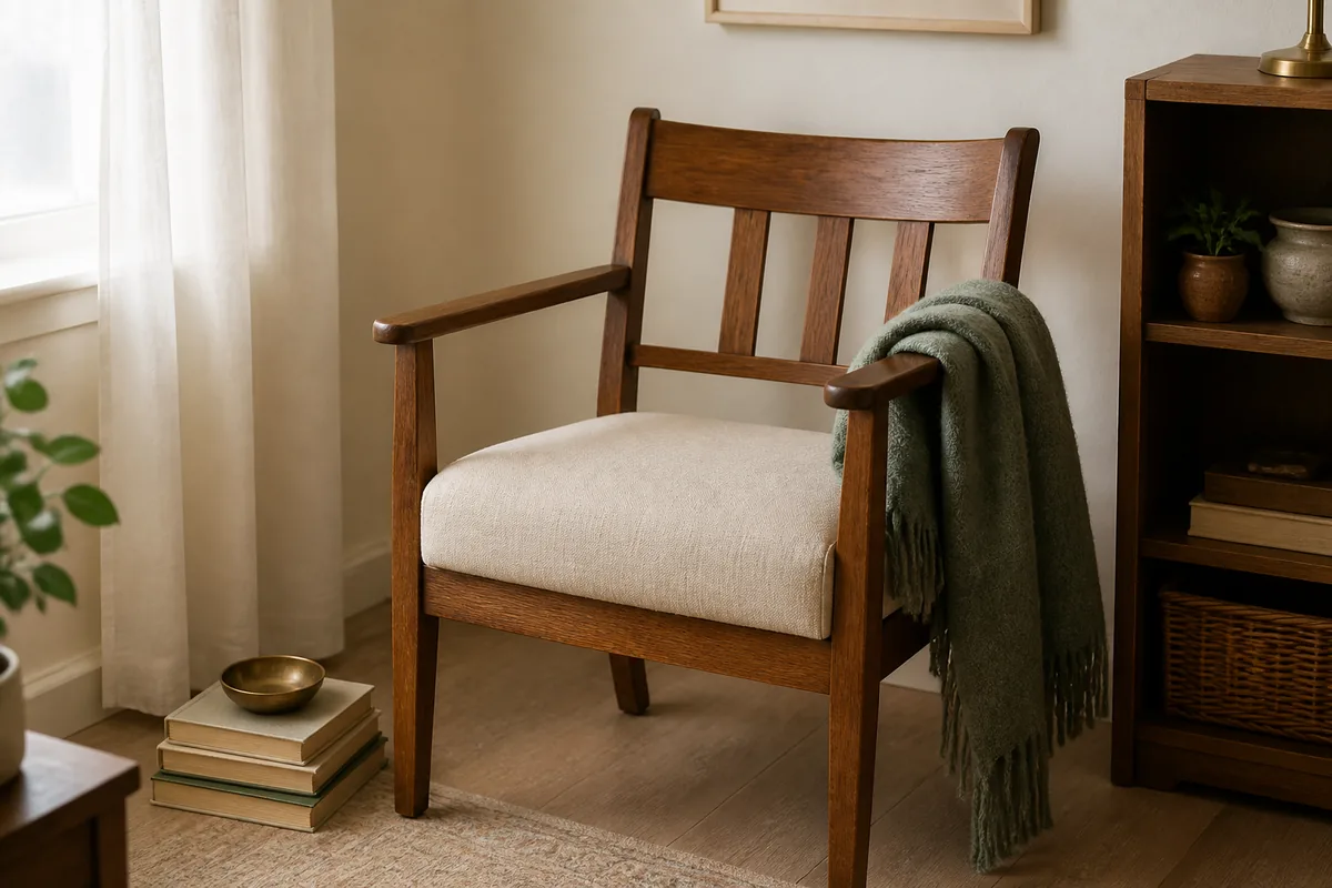 A solid-wood-frame accent chair with a freshly recovered oatmeal-linen seat in a reading corner, a wool throw over one arm, reading like a real furniture piece