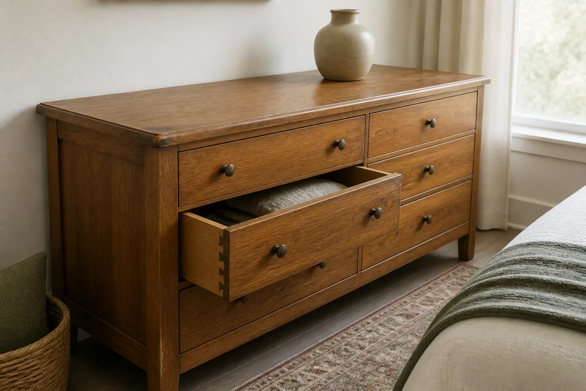 A solid-wood thrifted dresser in a bedroom with one drawer open to reveal dovetail joints and real wood grain, the proof of solid-wood quality, a single ceramic vase on top, soft daylight